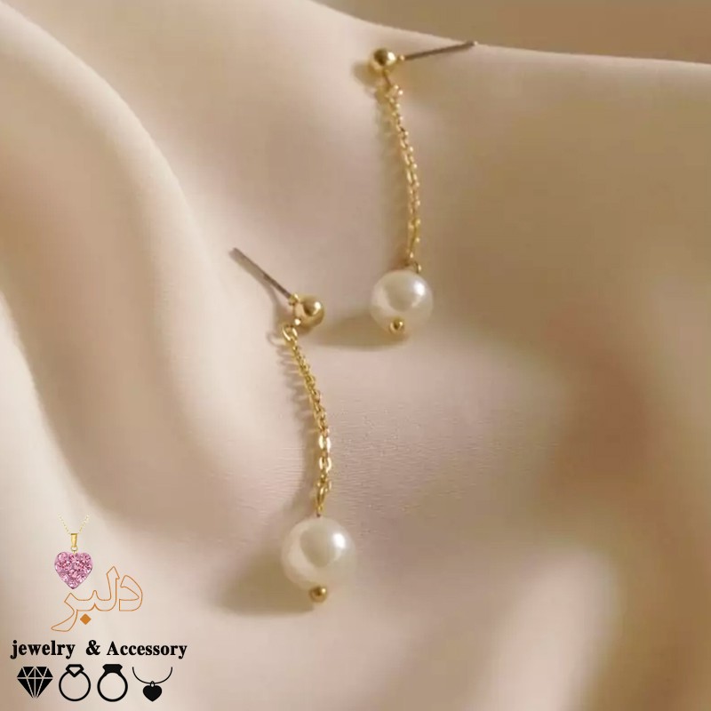 فروش عمده گوشواره مروارید زنجیردار گیره استوانه‌ای | رنگ ثابت | گالری دلبر