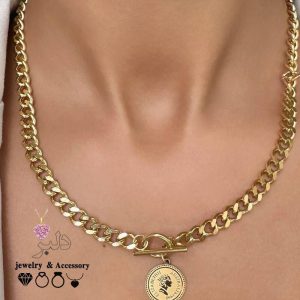 فروش عمده | گردنبند کارتیه با قفل تی +سکه الیزابت (استیل رنگ ثابت) کیفیت عالی