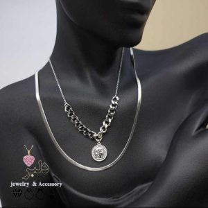 فروش عمده گردنبند استیل نقره ای 2 لاین سکه الیزابت