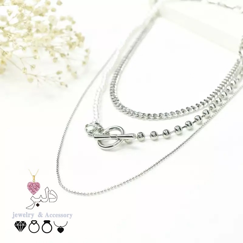 فروش عمده | گردنبند 3 زنجیره استیل (توپک نقره ای + کارتیه + بافت آجری)