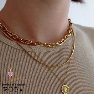 فروش عمده | گردنبند 3 لاین سکه الیزابت - استیل رنگ ثابت