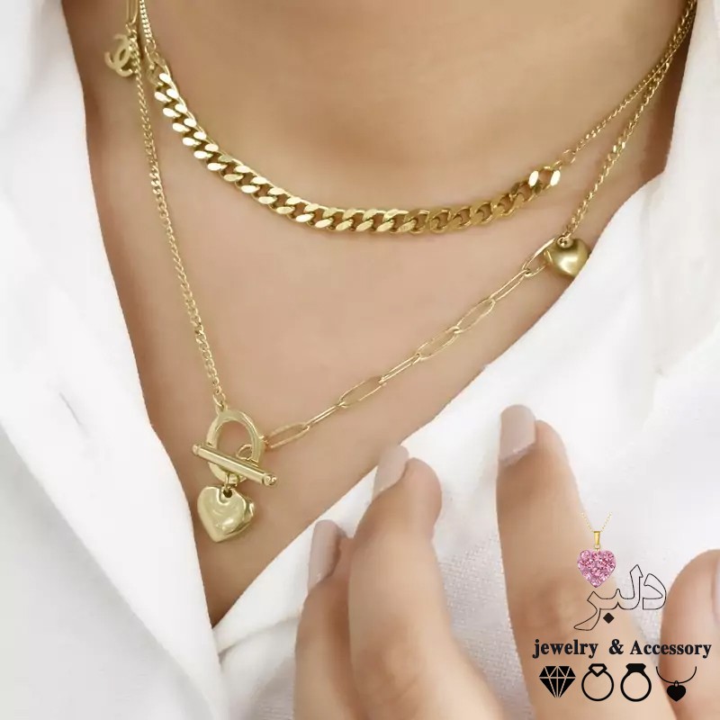 فروش عمده | گردنبند کارتیه قفل تی و قلب – استیل