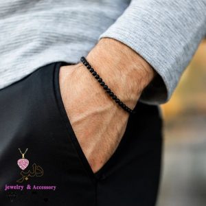 دستبند عمده اونیکس مردانه سایز 6 ریز 28 عددی مشکی مات و براق کشی گره ای