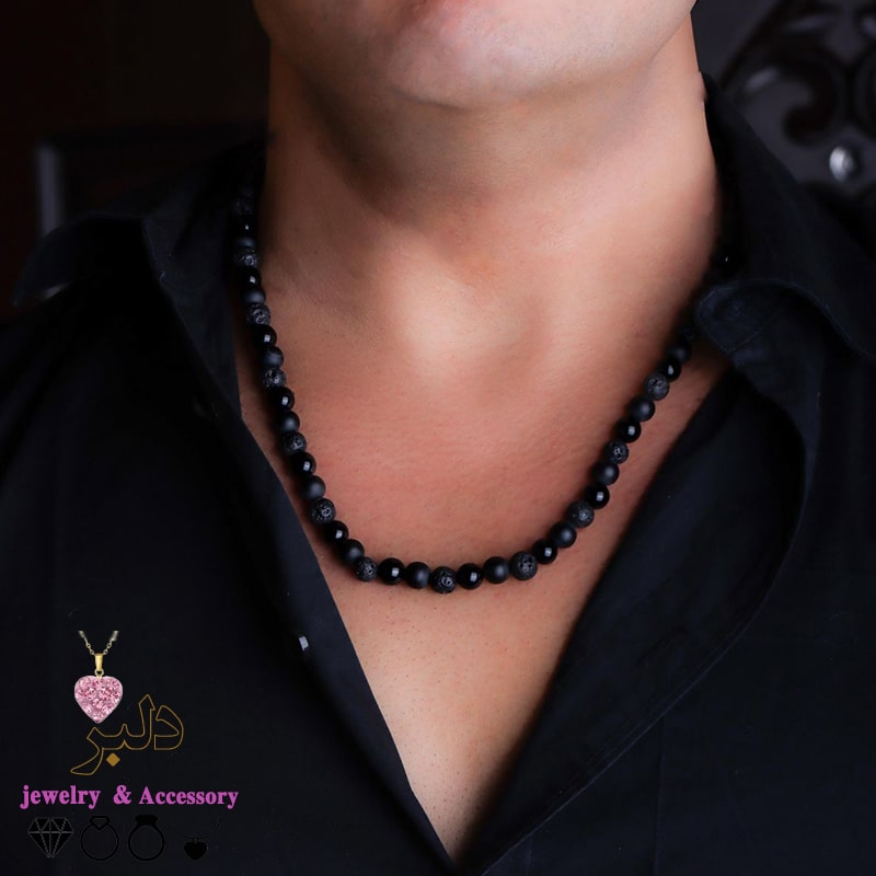 خرید عمده گردنبند ترکیبی سنگ لاوا و اونیکس (مشکی مات و براق)