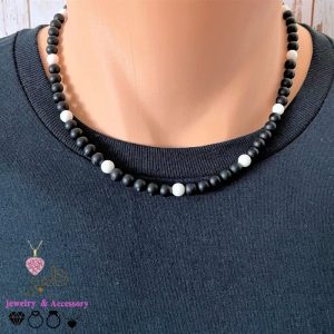 خرید عمده گردنبند مردانه اونیکس مشکی سفید مات