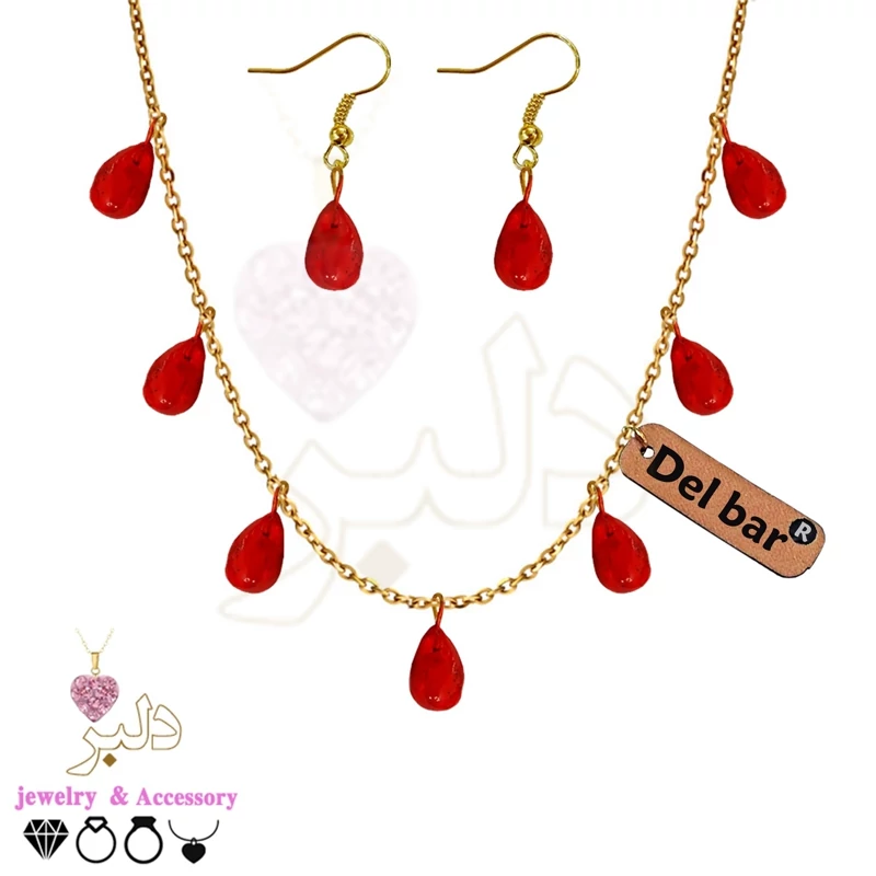 فروش عمده ست گردنبند و گوشواره دانه انار یلدا استیل رنگ ثابت | طلایی و نقره‌ای | گالری دلبر