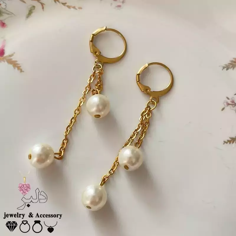 فروش عمده گوشواره مرواریدی آویز زنجیری استیل طلایی دلبر