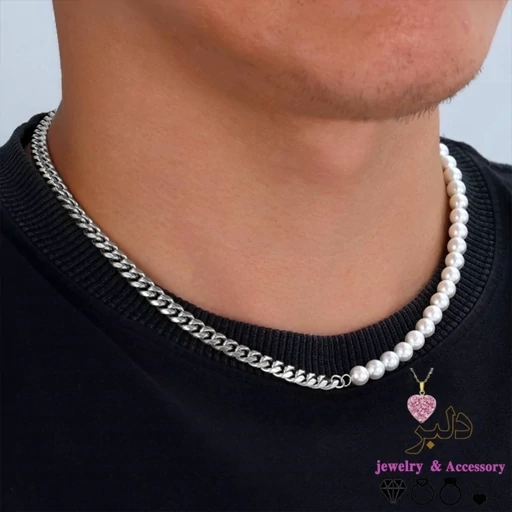 فروش عمده گردنبند ترکیبی مردانه مروارید و کارتیر (کیفیت عالی)